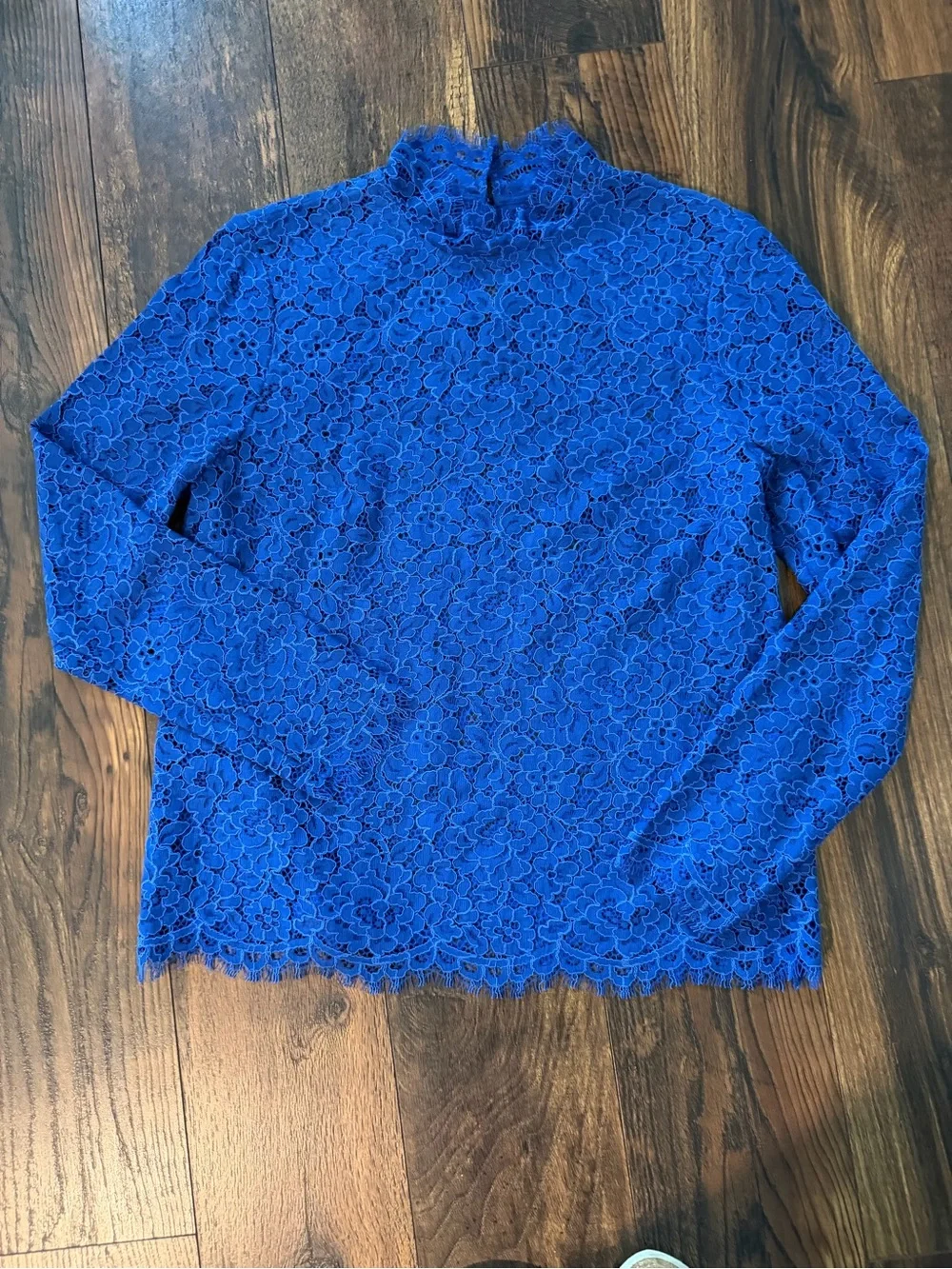 J. Crew Royal Blue Floral Lace Long-Sleeve Mock Neck Top